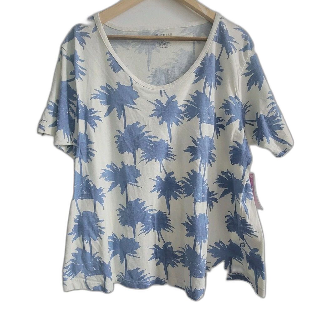NWT Southern Spirit Womens Tee Shirt Vista Blue Palm Tropical Short Sleeve XXL